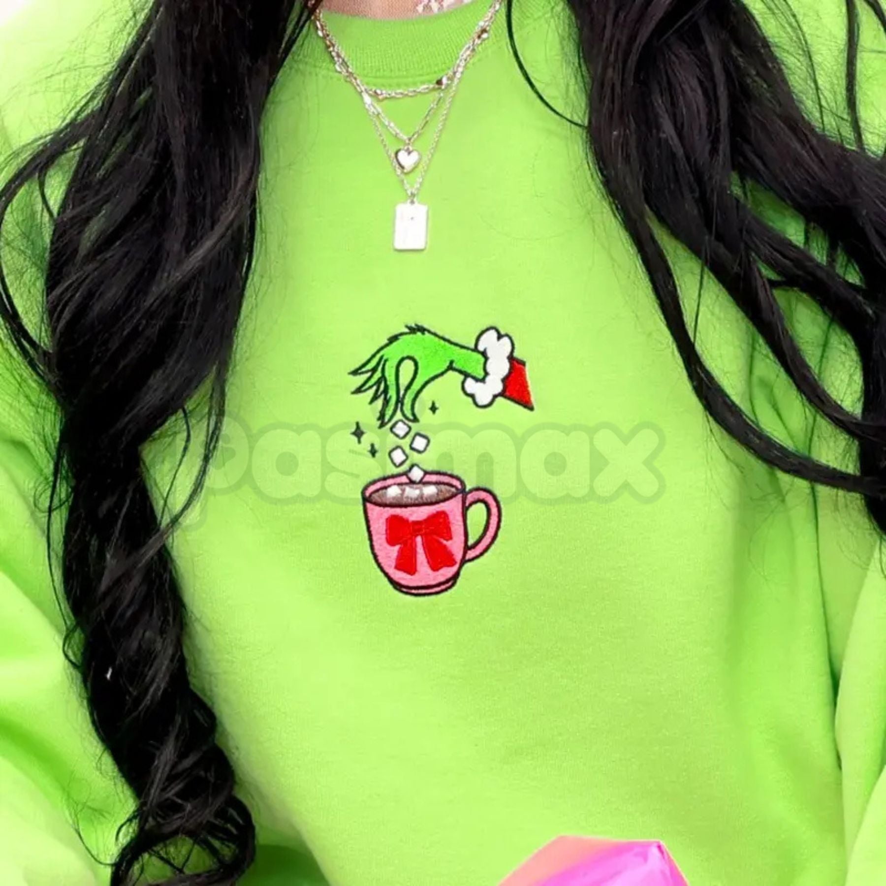 Pasimax Embroidered Christmas Drink Sweatshirt – Festive Holiday Beverage Crewneck — size reference
