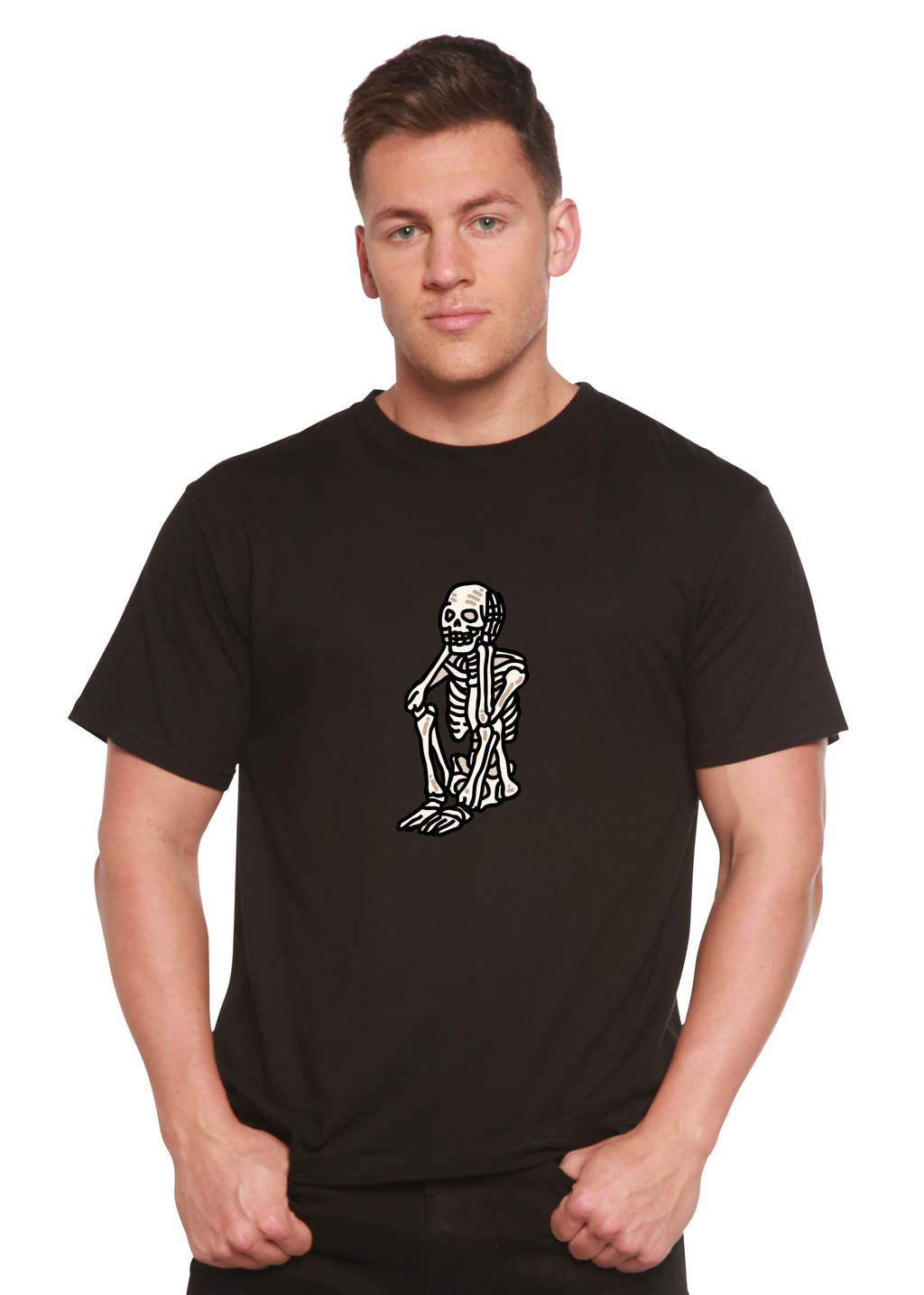Spun Bamboo Sad Skeleton Halloween Unisex Bamboo Viscose/Organic Cotton Short Sleeve Graphic T-Shirt — alternative angle