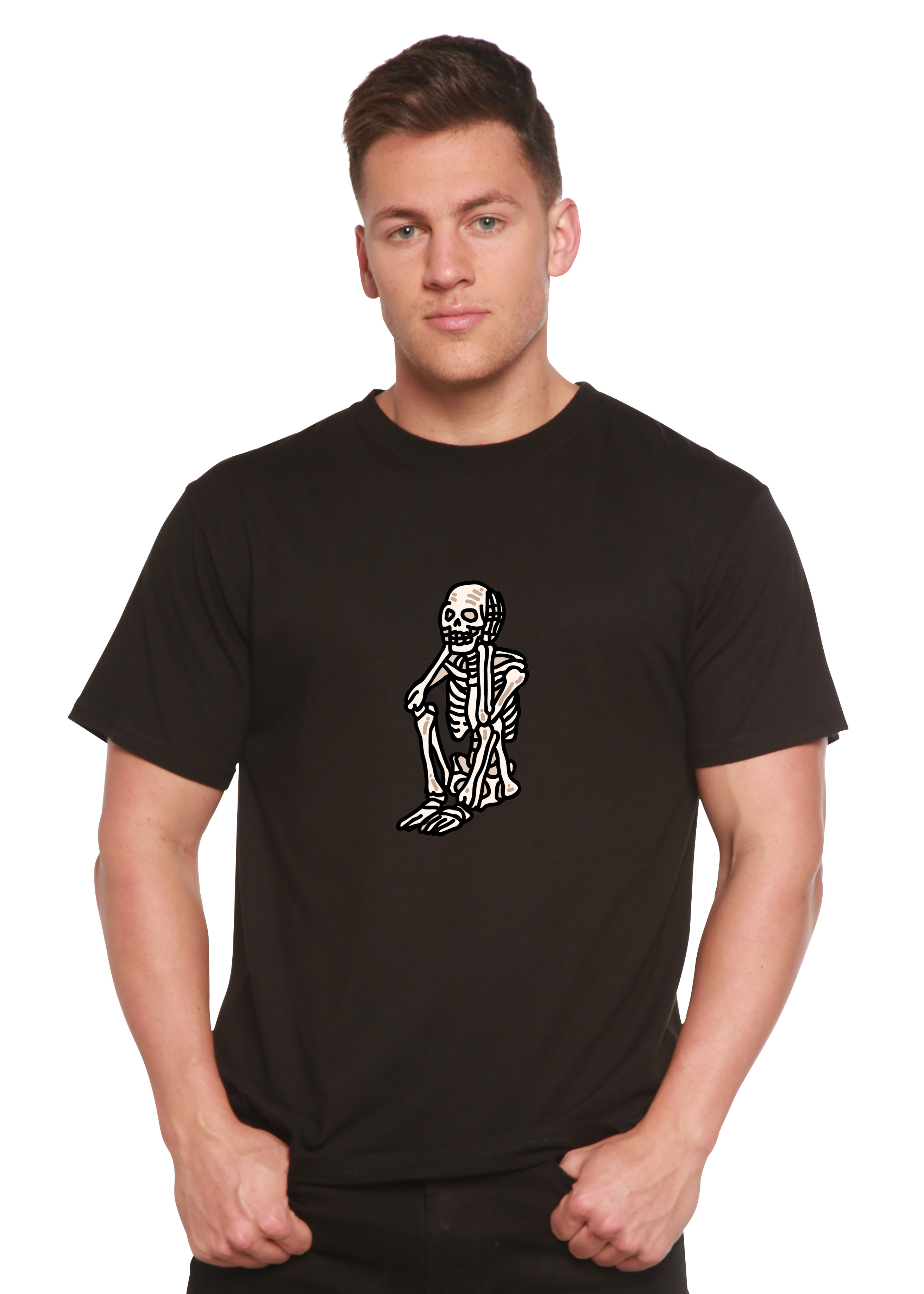 Spun Bamboo Sad Skeleton Halloween Unisex Bamboo Viscose/Organic Cotton Short Sleeve Graphic T-Shirt — alternative angle