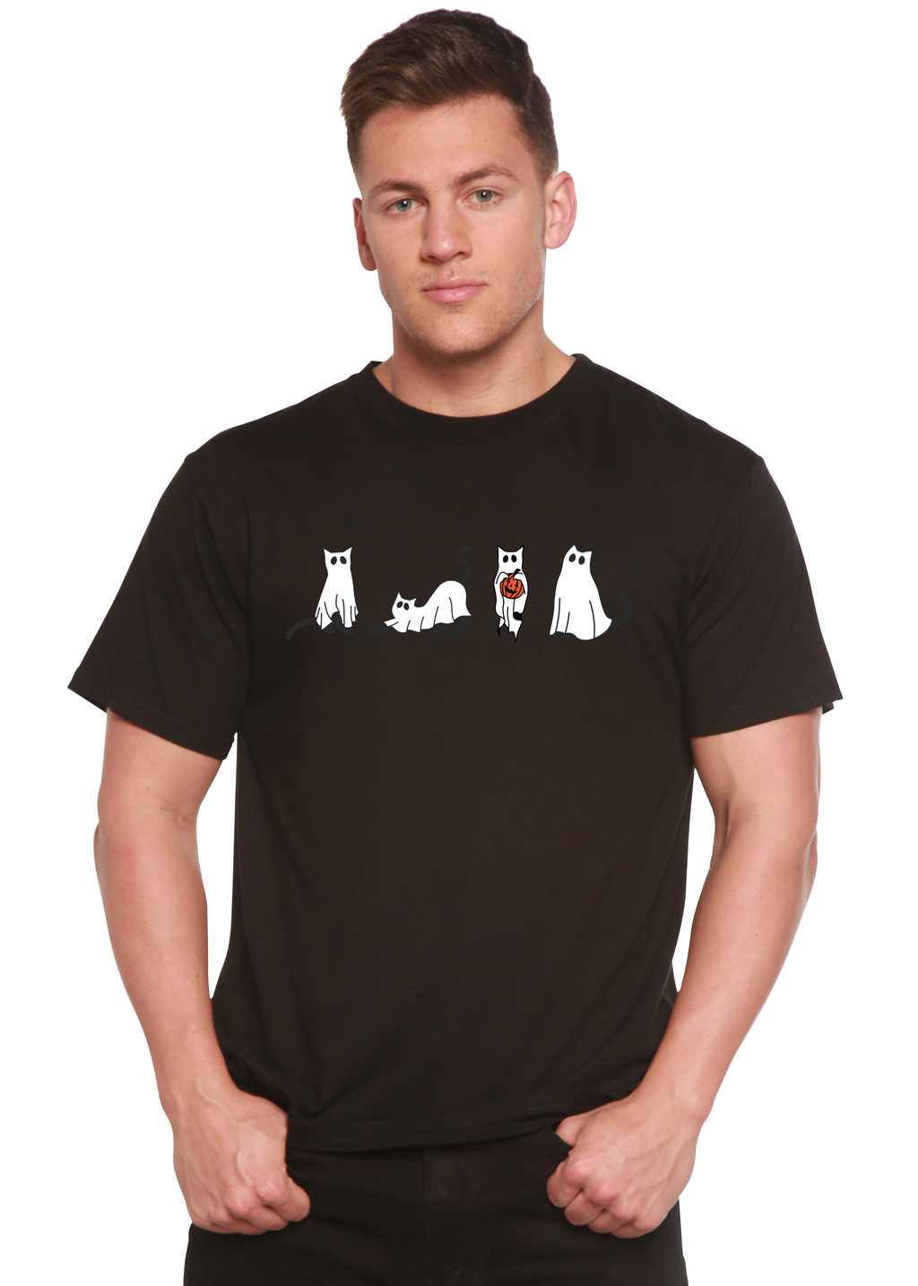 Spun Bamboo Halloween Cats Men's Bamboo Viscose/Organic Cotton Short Sleeve Graphic T-Shirt — size reference