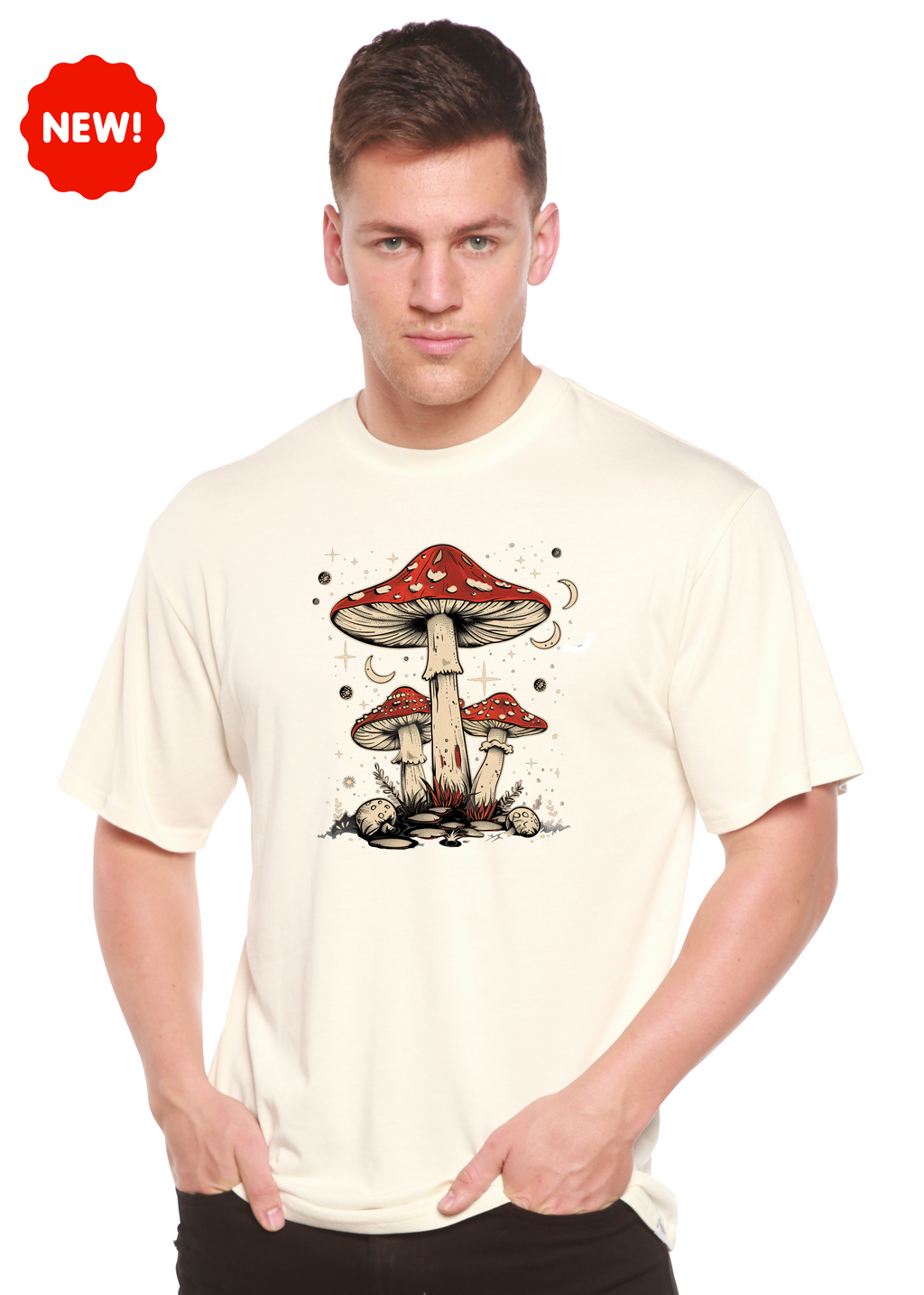 Spun Bamboo Boho Retro Hippie Mushrooms Natural Unisex Bamboo/Cotton Graphic T-Shirt — main product shot