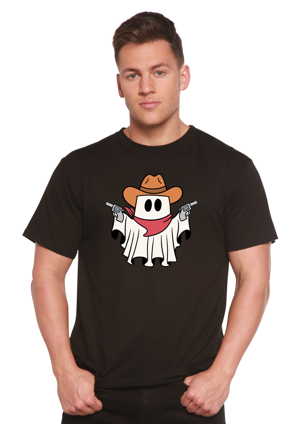 Spun Bamboo Cowboy Ghost Unisex Bamboo Viscose/Organic Cotton Short Sleeve Graphic T-Shirt — product on model