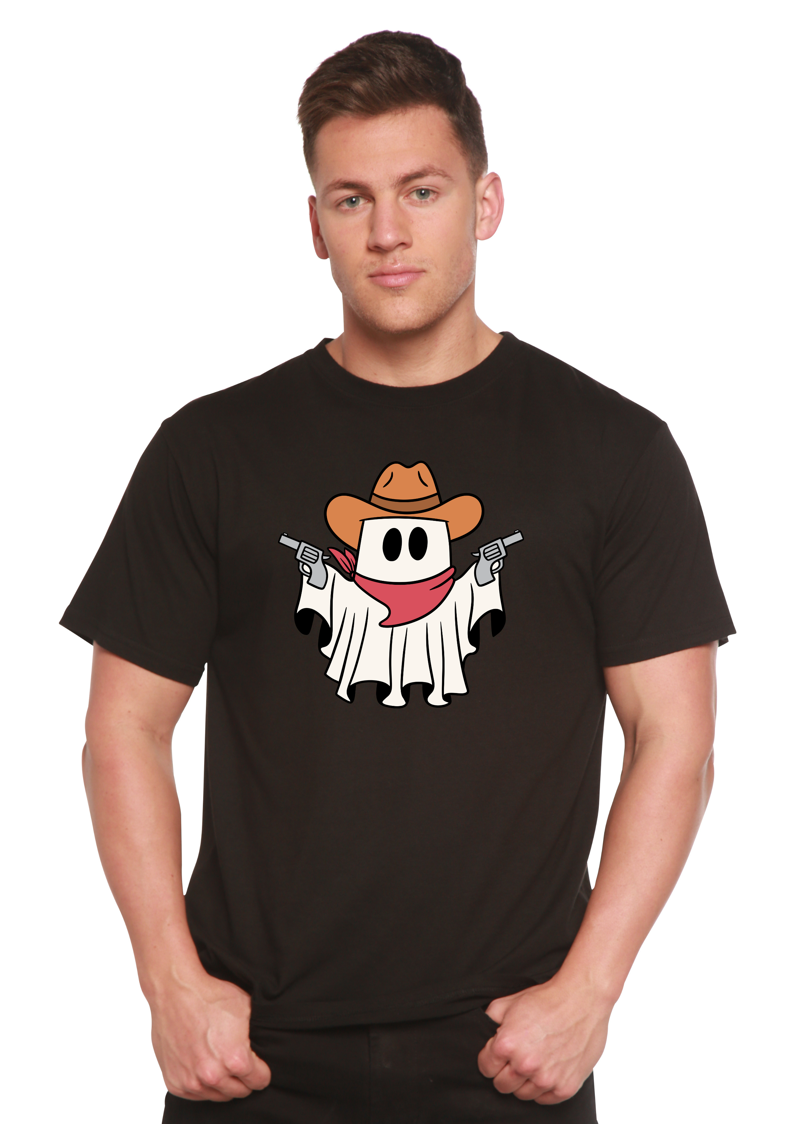 Spun Bamboo Cowboy Ghost Unisex Bamboo Viscose/Organic Cotton Short Sleeve Graphic T-Shirt — product on model