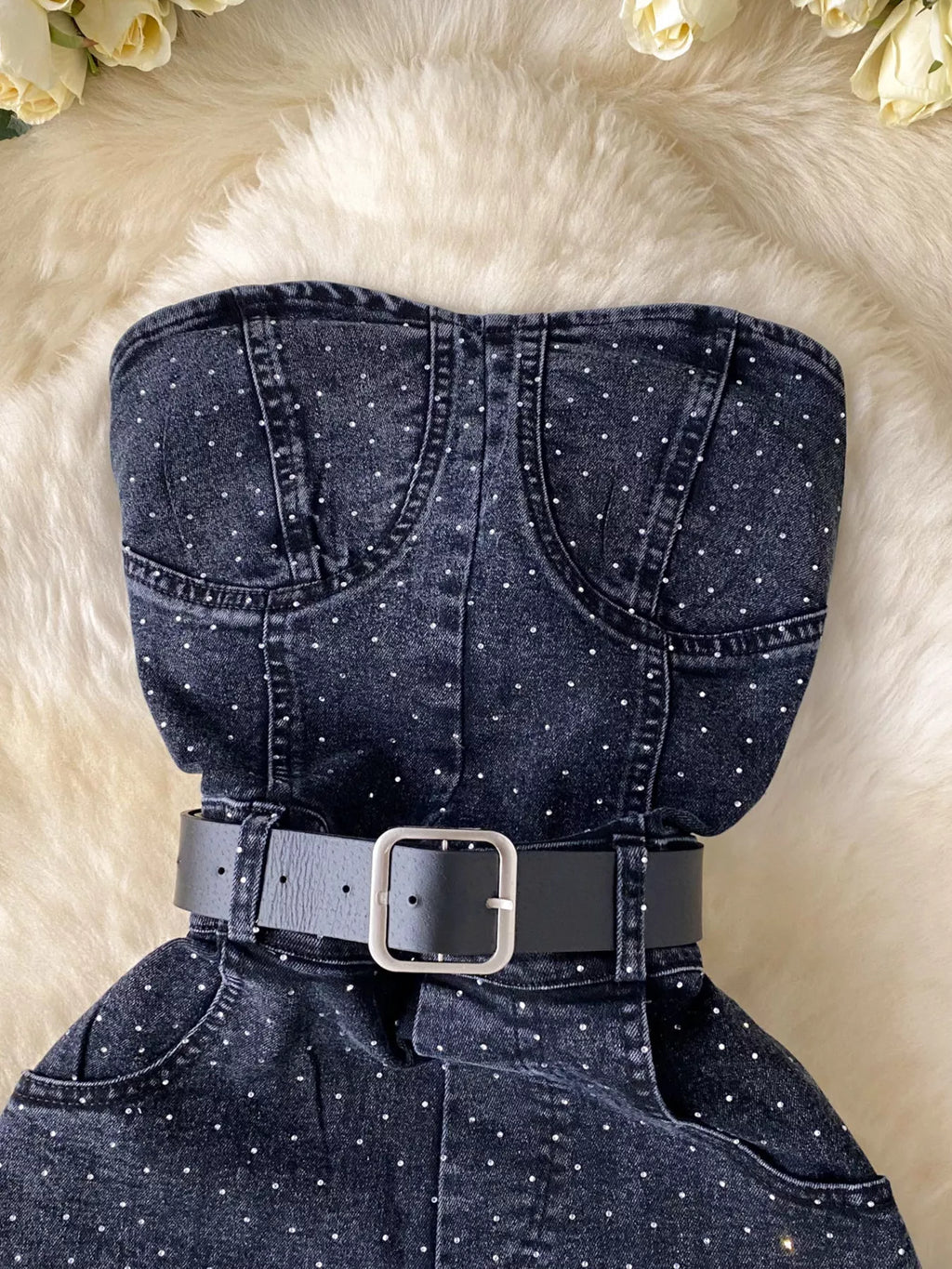 Strapless Denim Romper with Pockets