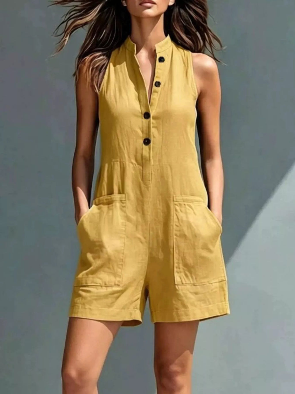 Full Size Sleeveless Button-Front Romper with Pockets Plus Size