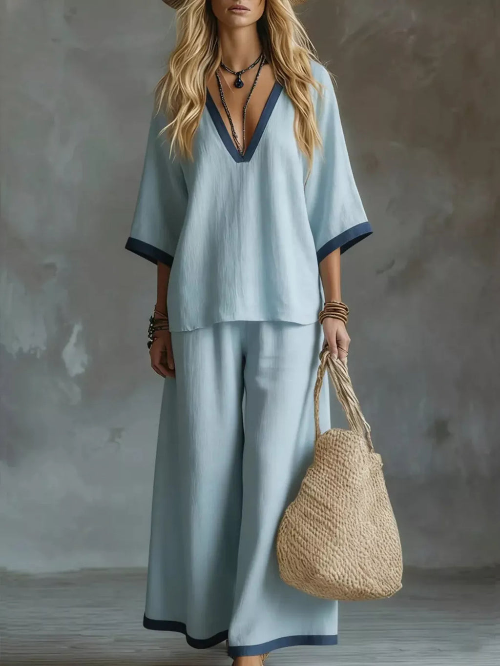 Contrast Trim V-Neck Top and Pants Set