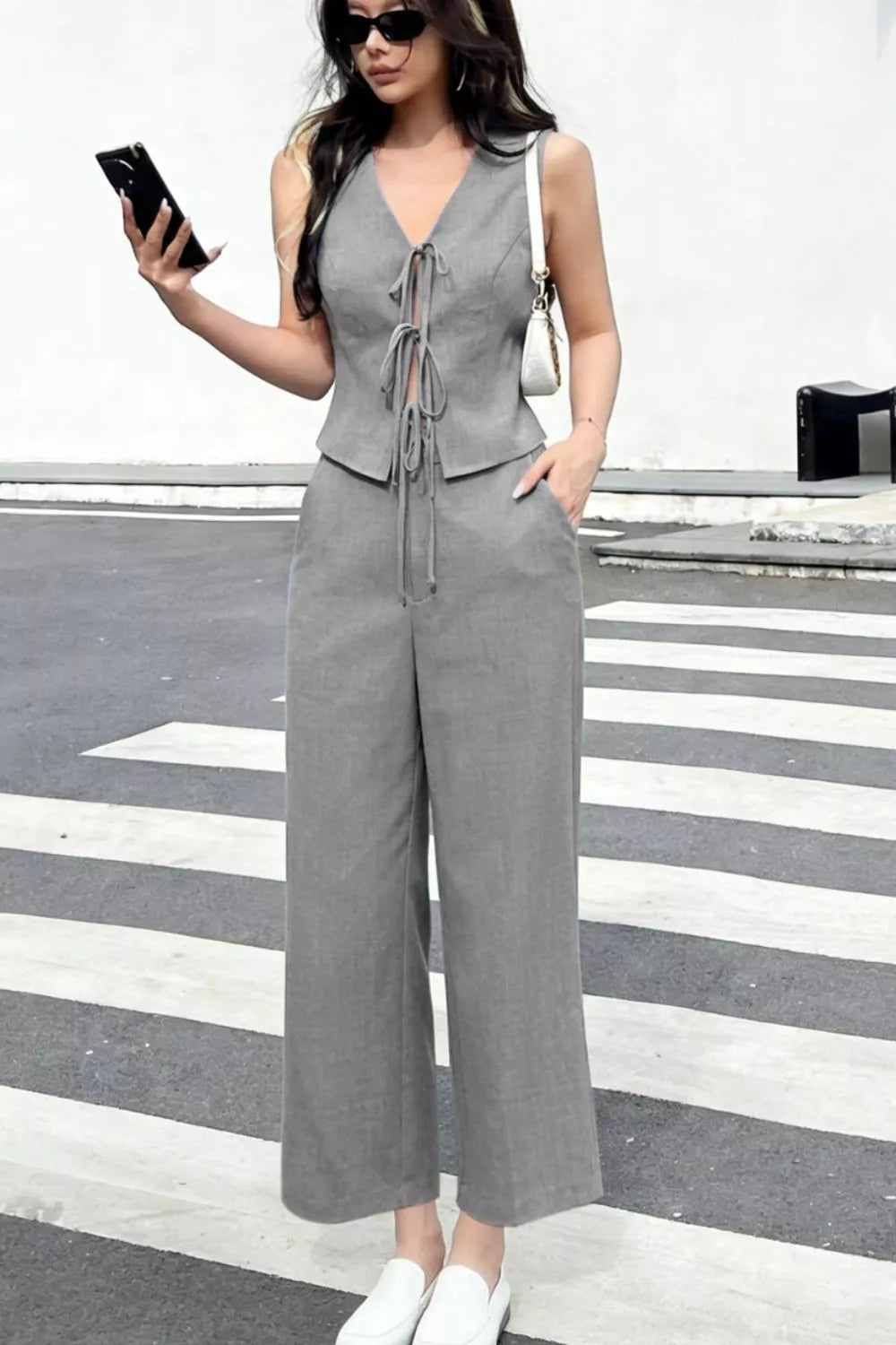 Tie Front Vest and Wide Leg Pants Set