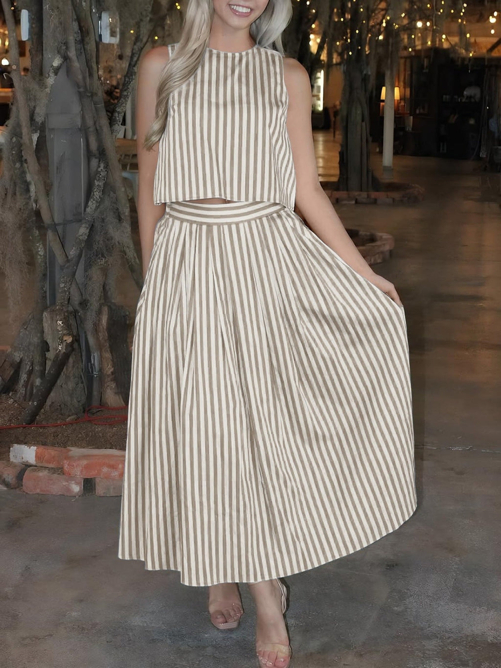 Striped Sleeveless Top and Midi Skirt Set