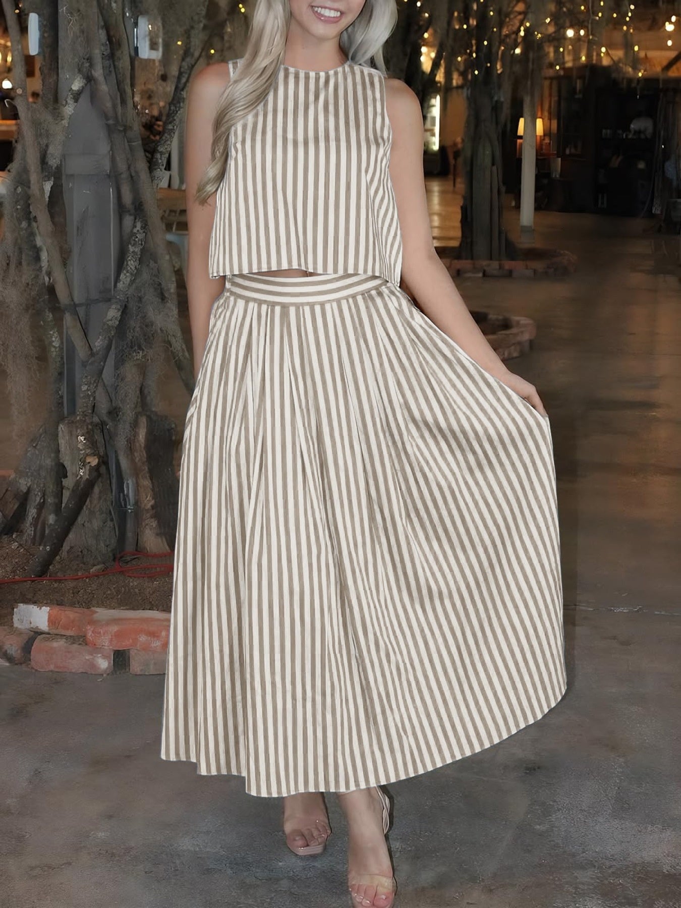 Striped Sleeveless Top and Midi Skirt Set