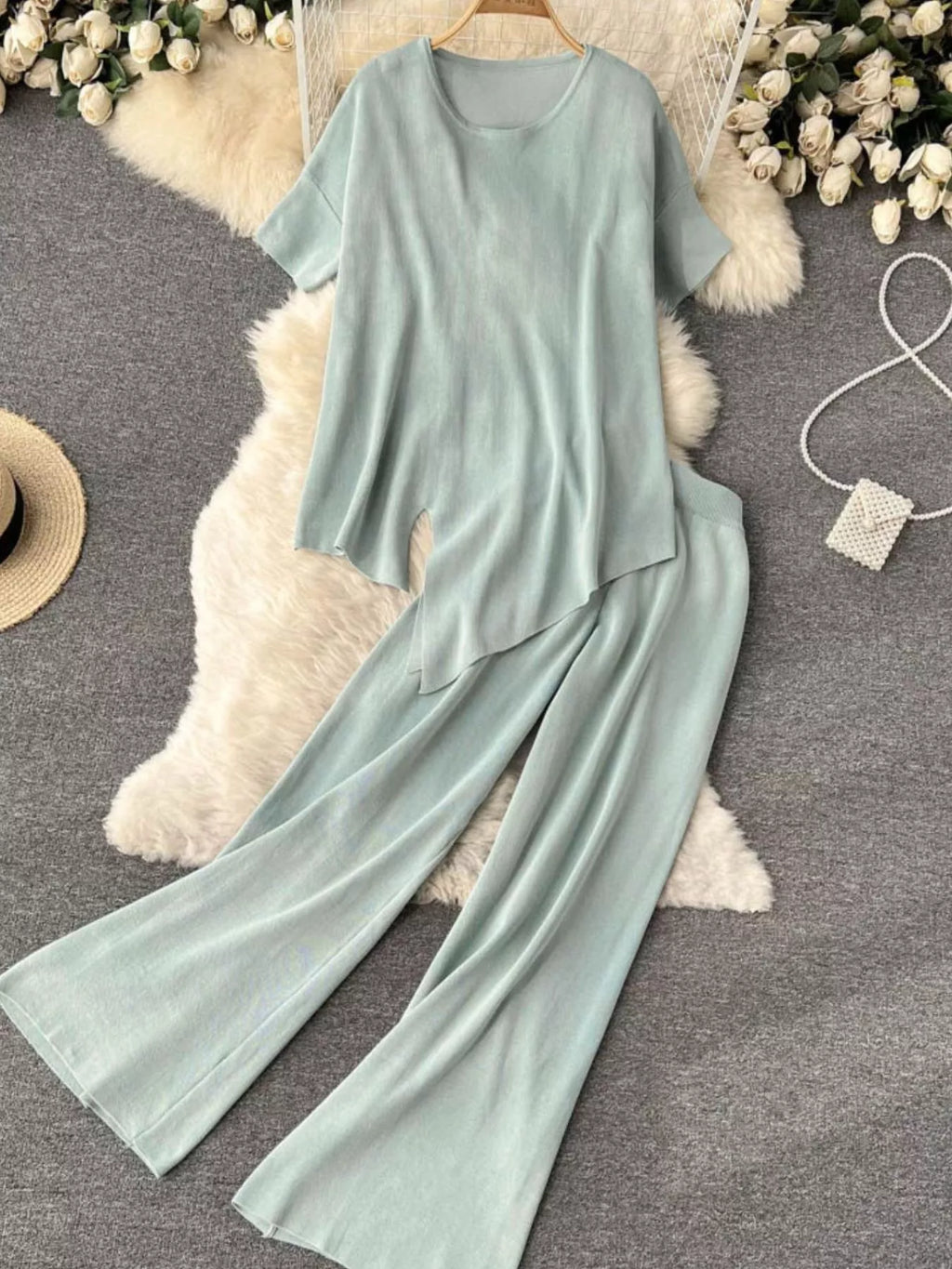 Short Sleeve Top and Wide Leg Pants Set