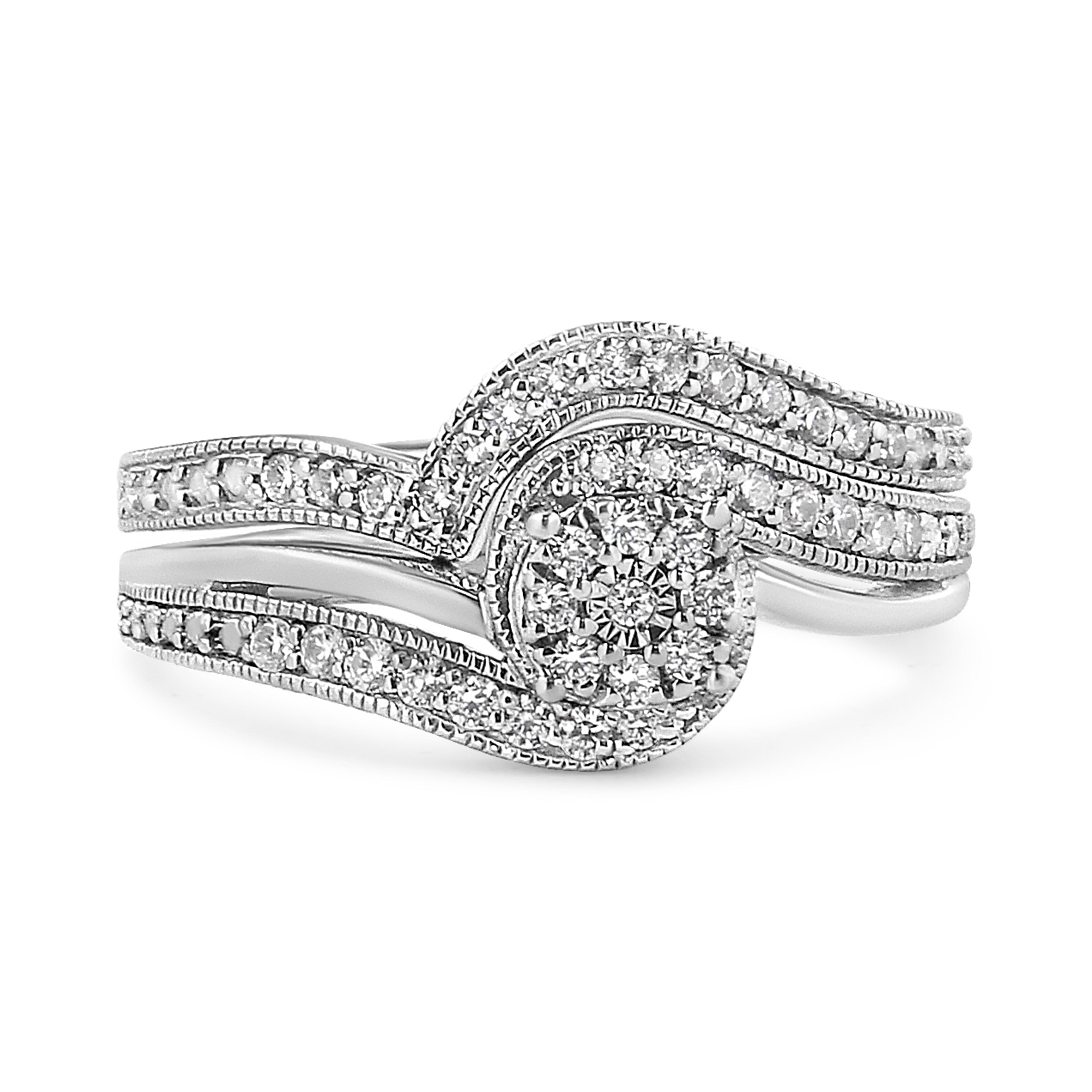 .925 Sterling Silver 1/3ct Cttw Multi-Diamond Bypass Vintage-Style Bridal Set Ring and Band (I-J Color, I3 Clarity) - Size 7