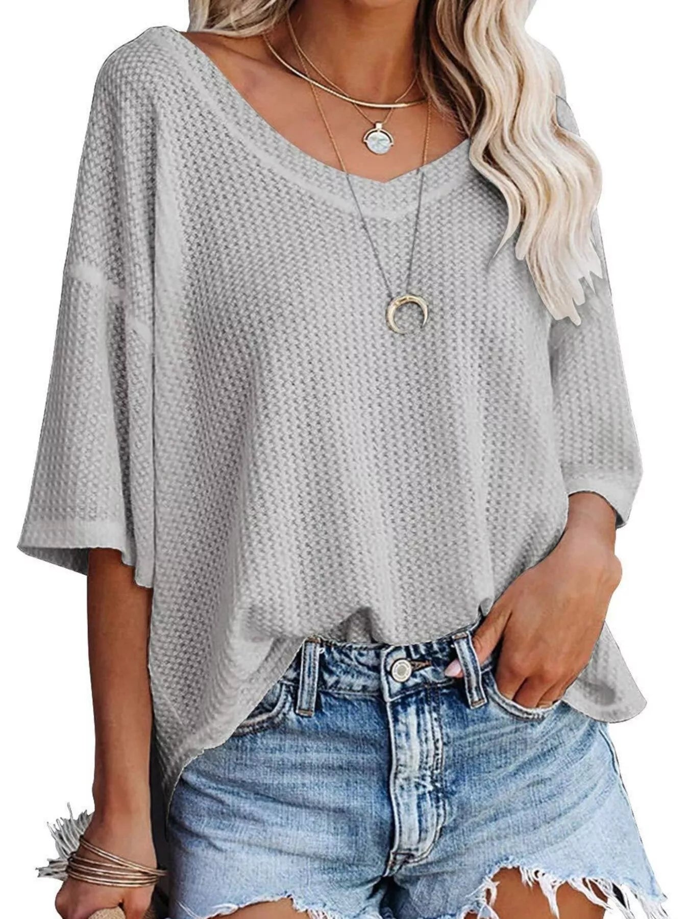 Waffle Knit V-Neck Short Sleeve T-Shirt