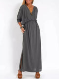 Full Size V-Neck Batwing Sleeve Maxi Dress with Side Slits Plus Size