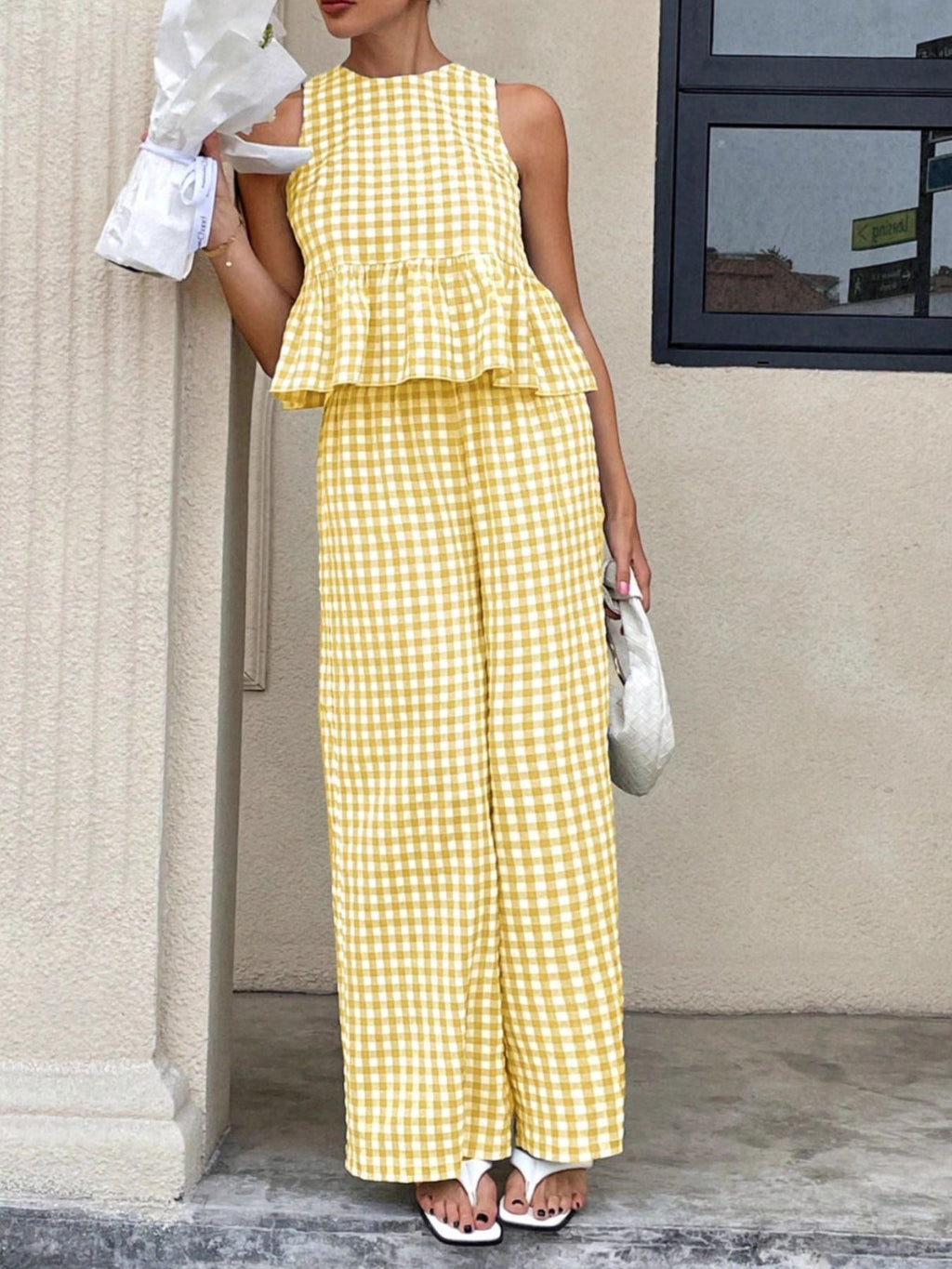 Gingham Sleeveless Top and Wide-Leg Pants Set