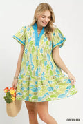 Umgee Leaf Print Flutter Sleeve Tiered Mini Dress