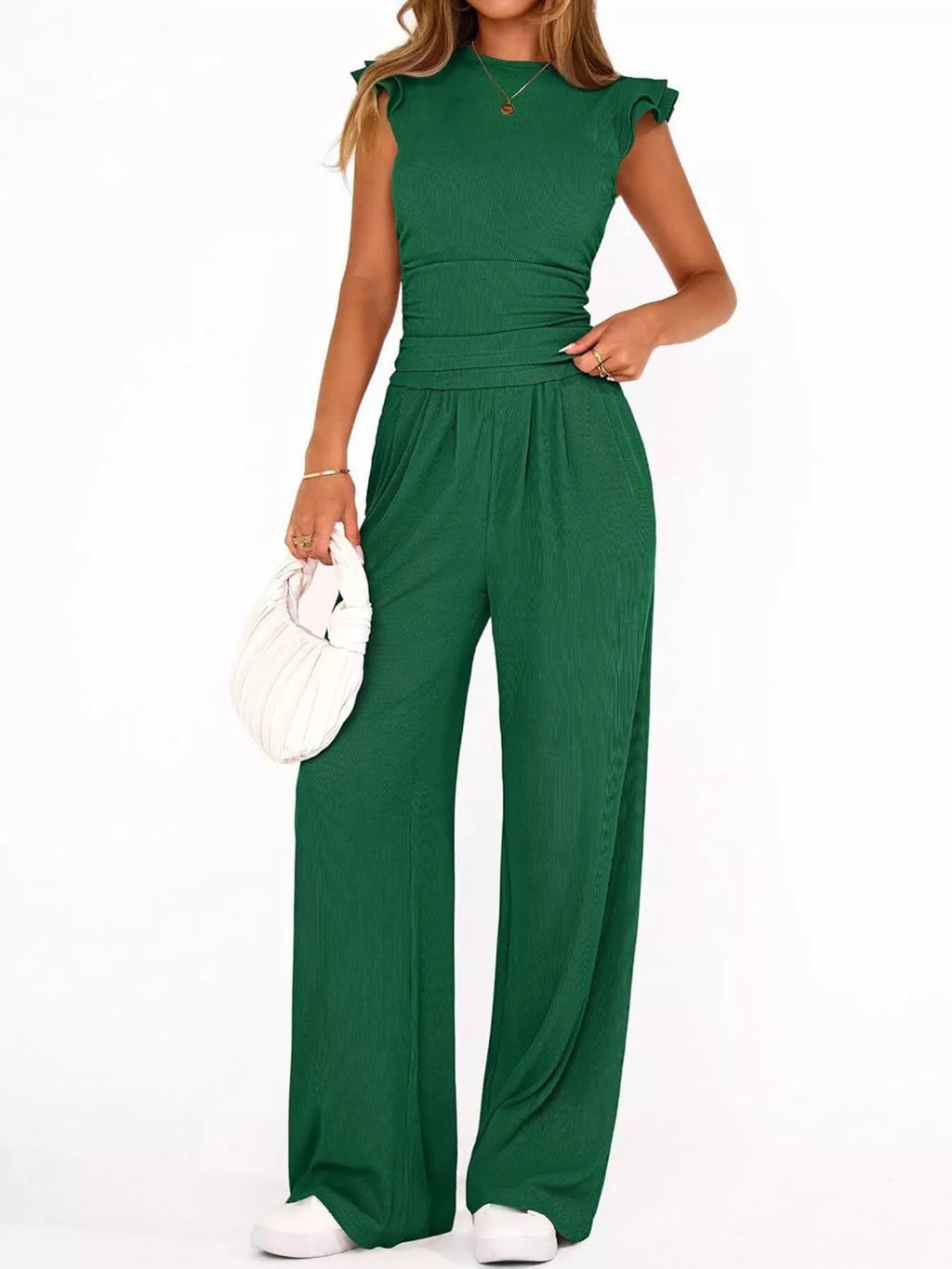 Ruffled Mock Neck Top and Wide Leg Pants Set