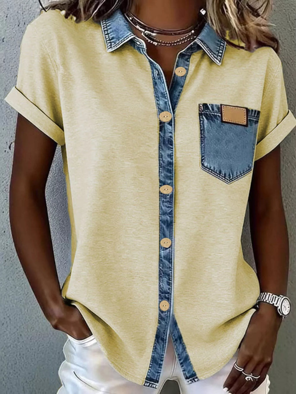 Denim Trim Short Sleeve Shirt