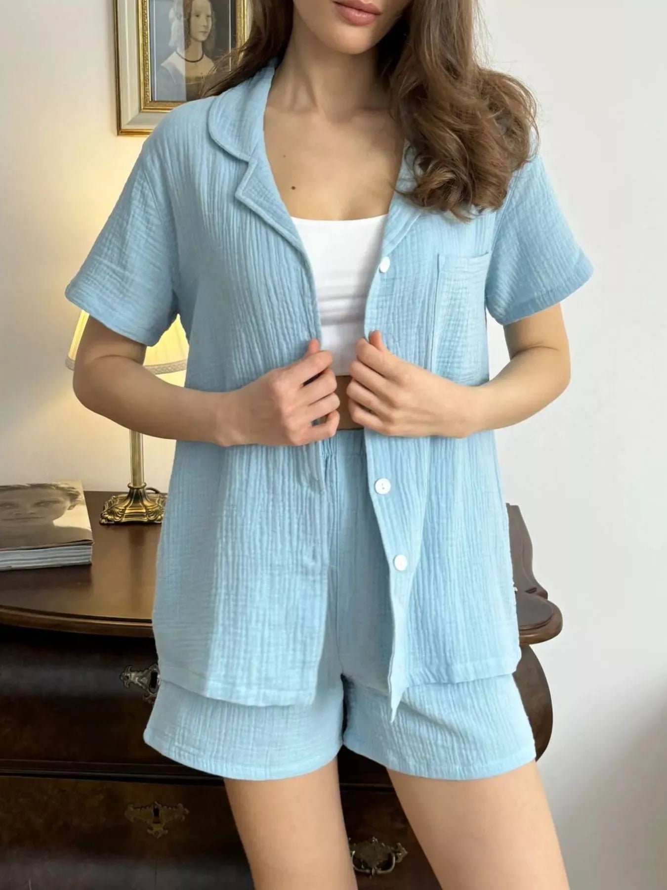 Button Up Short Sleeve Shirt and Shorts Set