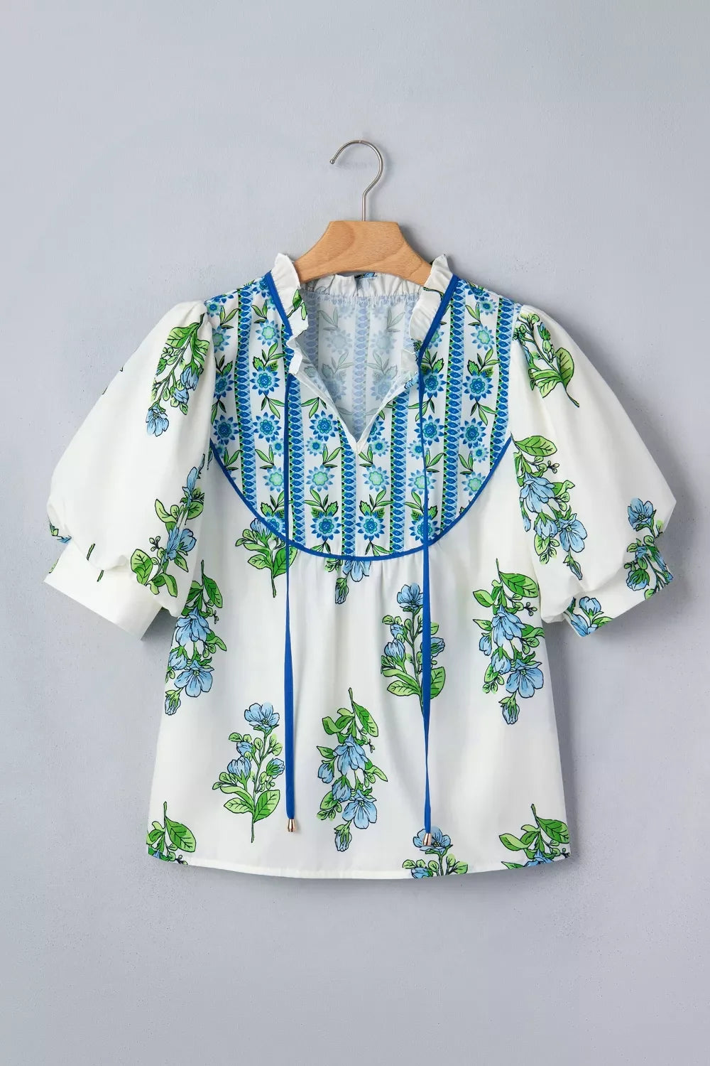 Floral Print Contrast Trim Tie Neck Blouse