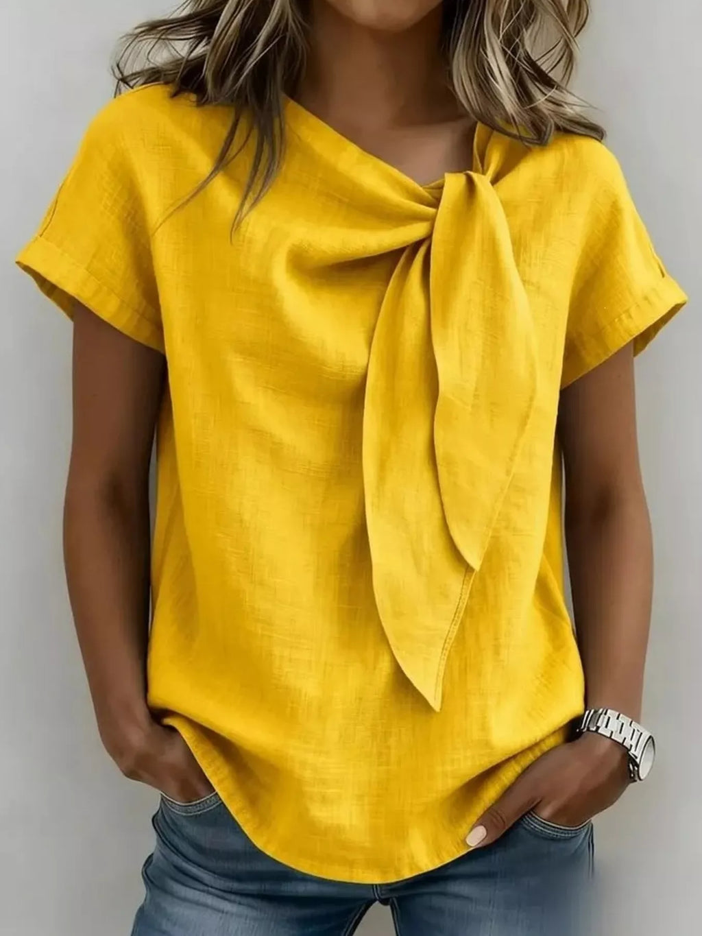 Full Size Bow Tie Neck Short Sleeve Blouse Plus Size