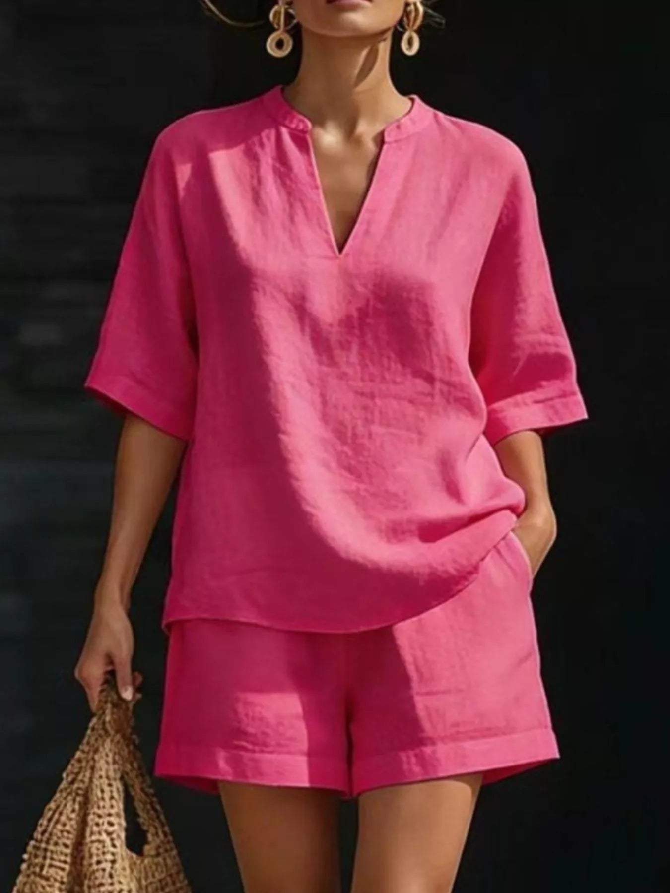 Full Size Notched Half Sleeve Top and Shorts Set Plus Size