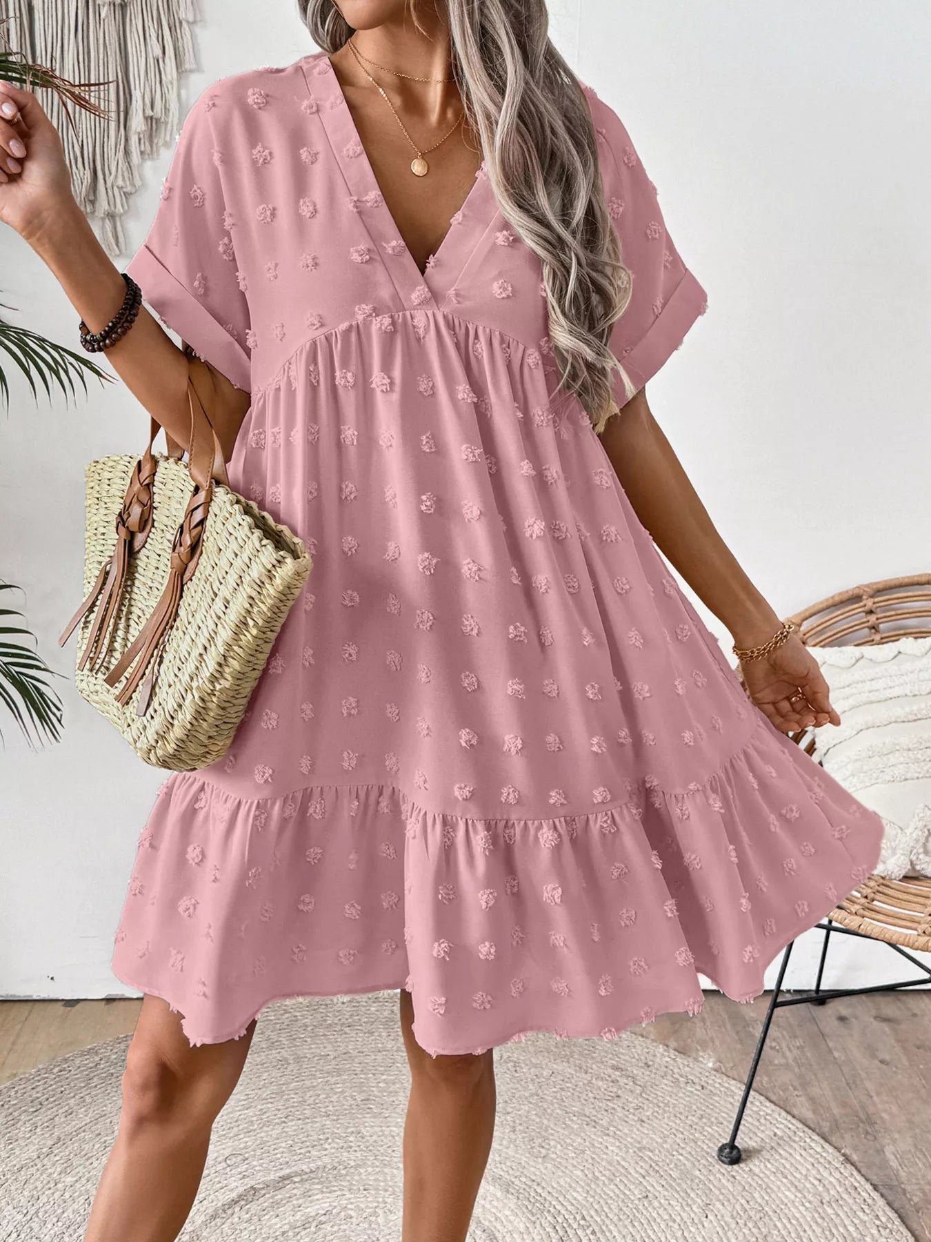 Swiss Dot V-Neck Tiered Mini Dress