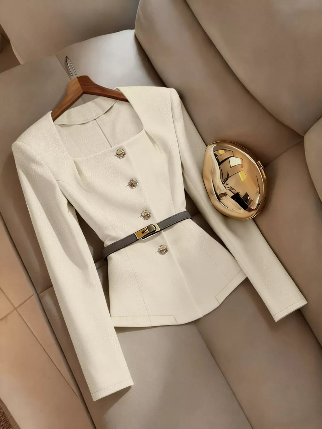Square Neck Button-Down Fitted Blazer