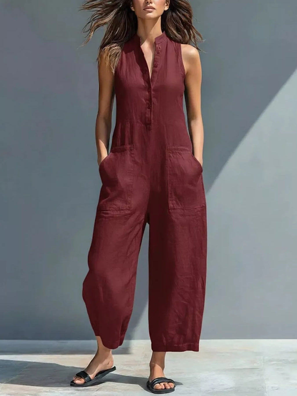 Full Size Button Front Sleeveless Jumpsuit Plus Size