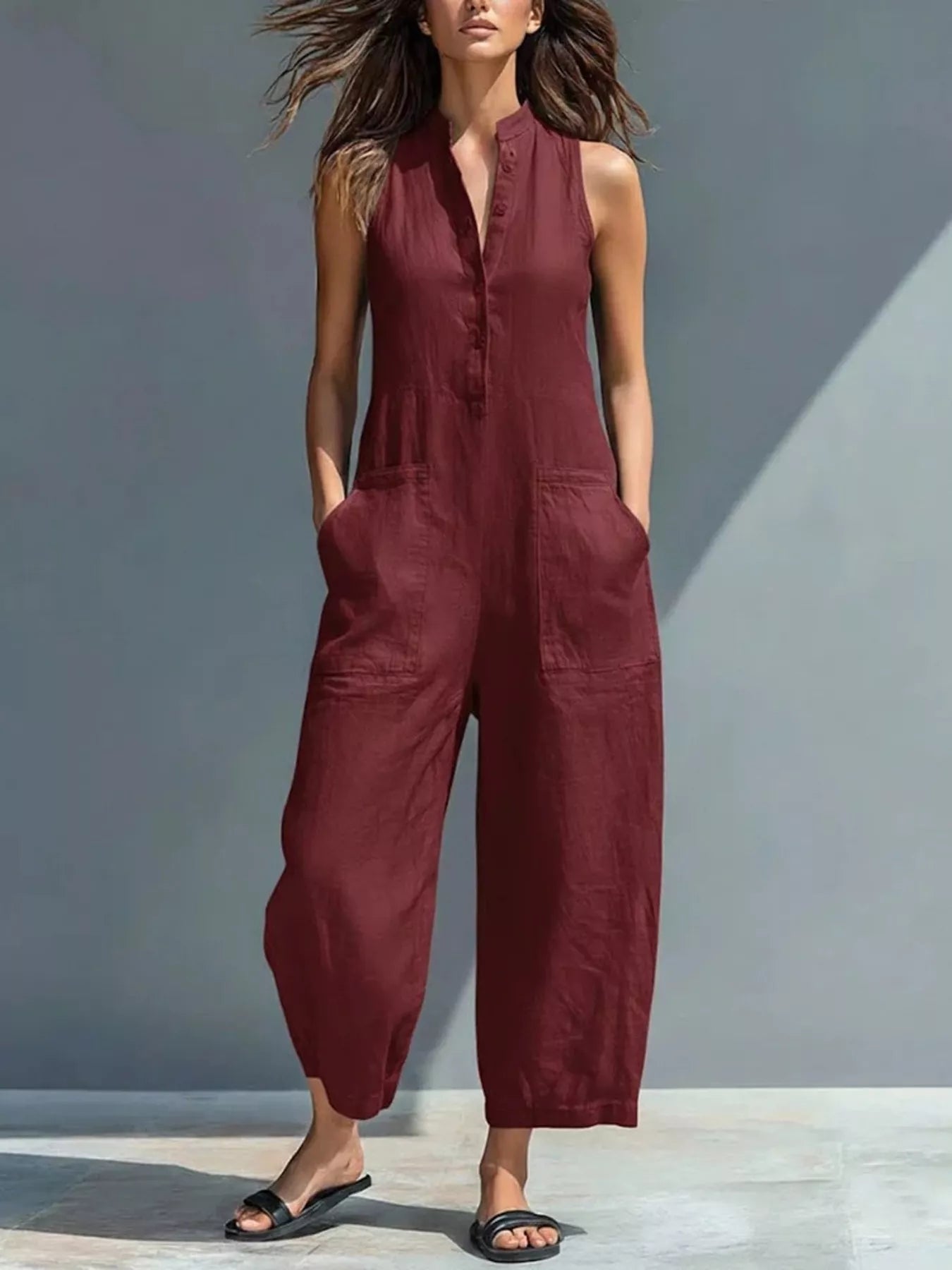 Full Size Button Front Sleeveless Jumpsuit Plus Size