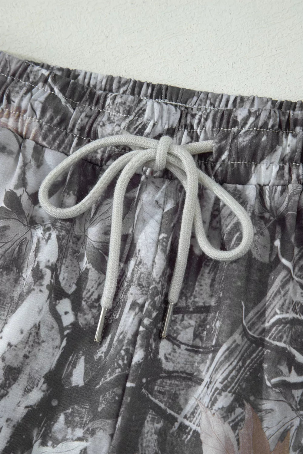 Abstract Maple Leaf Printed Tie Elastic Waist Shorts