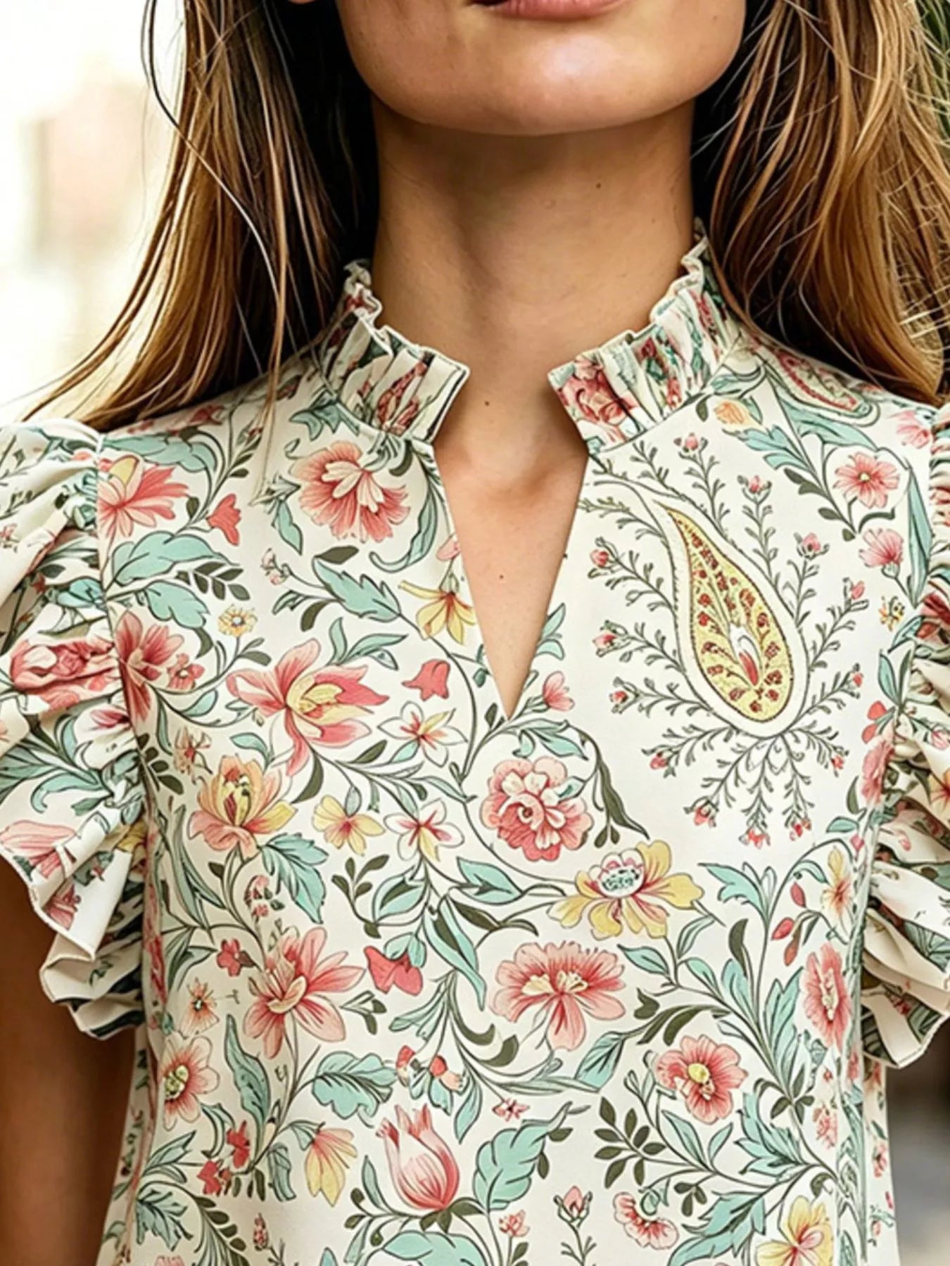 Printed Ruffle Sleeve Blouse