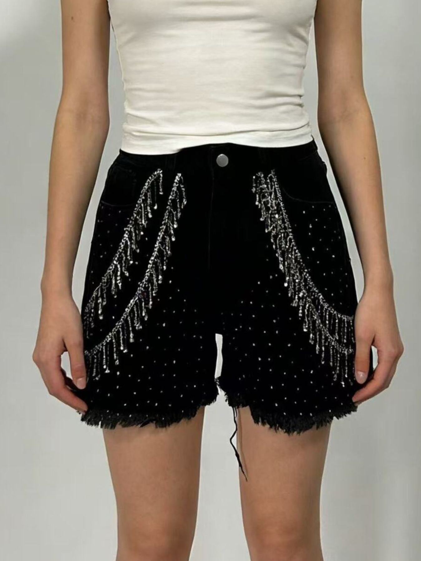 Rhinestone Chain Raw Hem Denim Shorts
