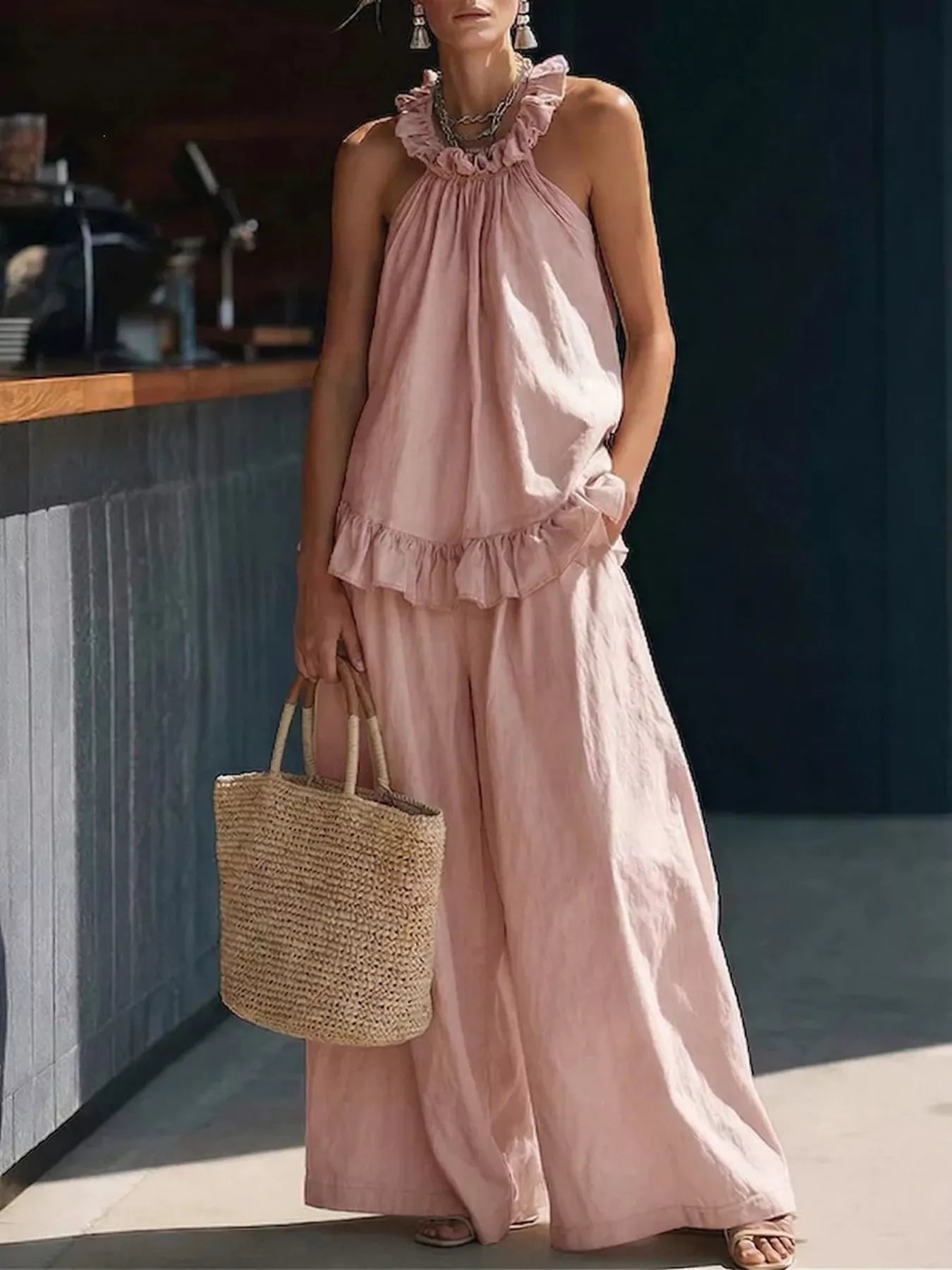 Full Size Ruffled Halter Neck Top and Wide-Leg Pants Set Plus Size