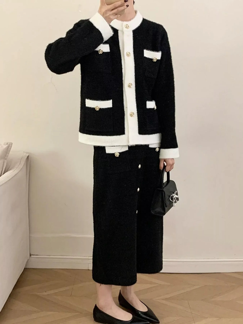 Contrast Trim Jacket and Skirts Sweater Set