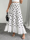 Bow Print Ruffle Hem Flowy Maxi Skirt