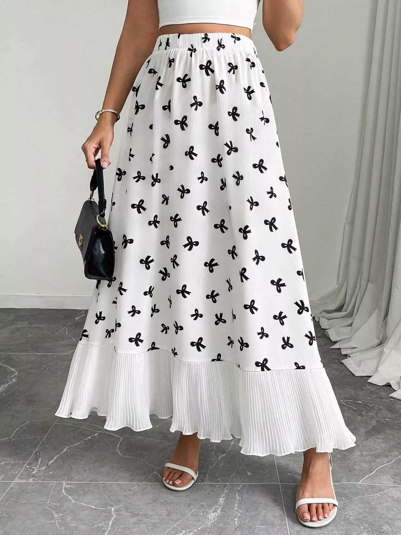 Bow Print Ruffle Hem Flowy Maxi Skirt