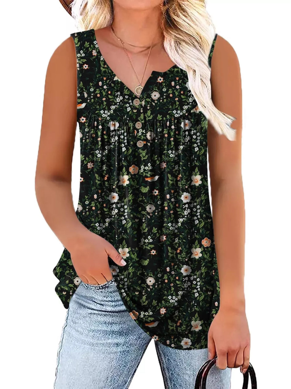 Full Size Floral Print Button Detail Tank Plus Size