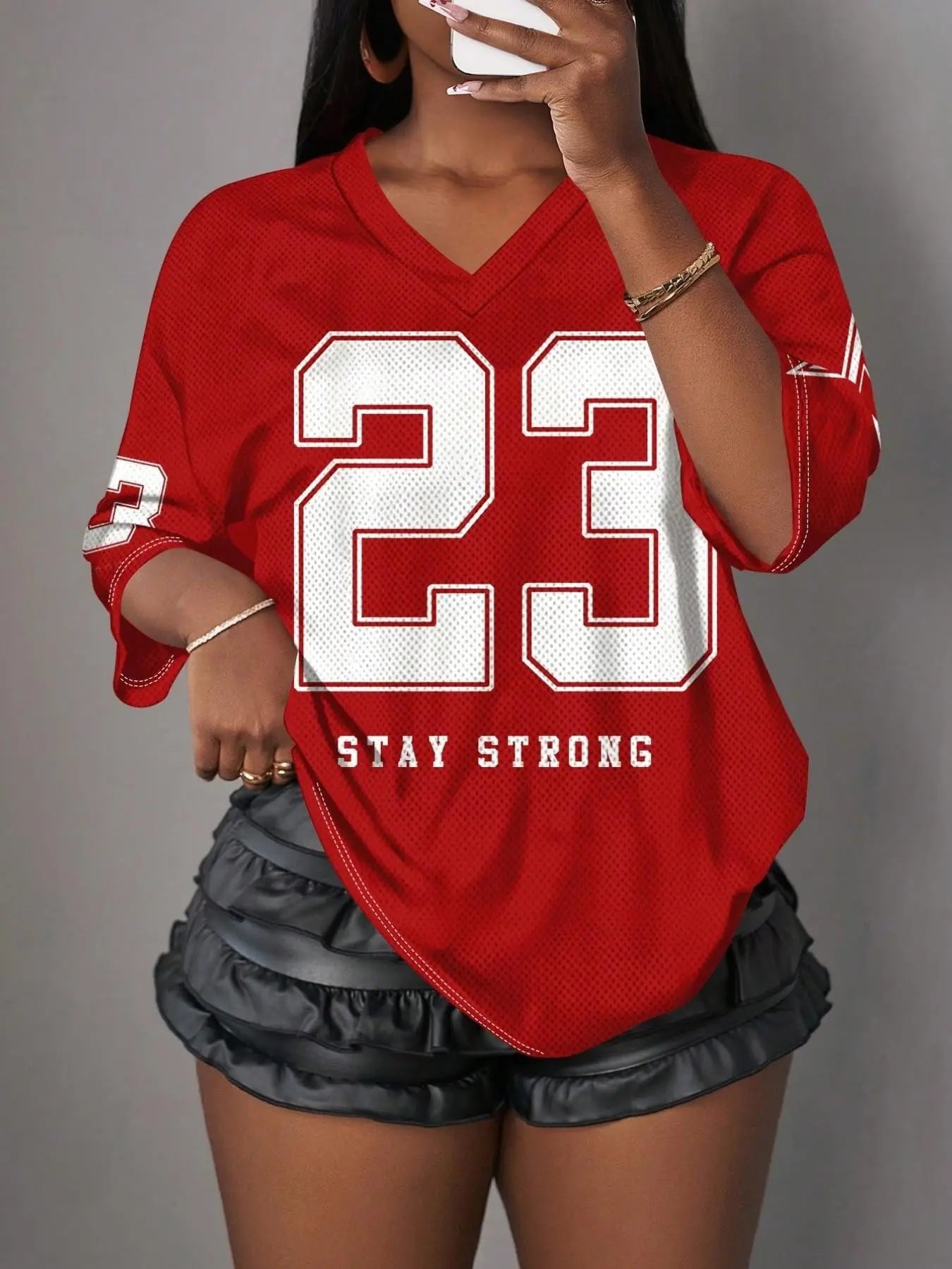 Stay Strong Retro Mesh Breathable Sports Jersey – Women's Athleisure & Activewear V-Neck Tee