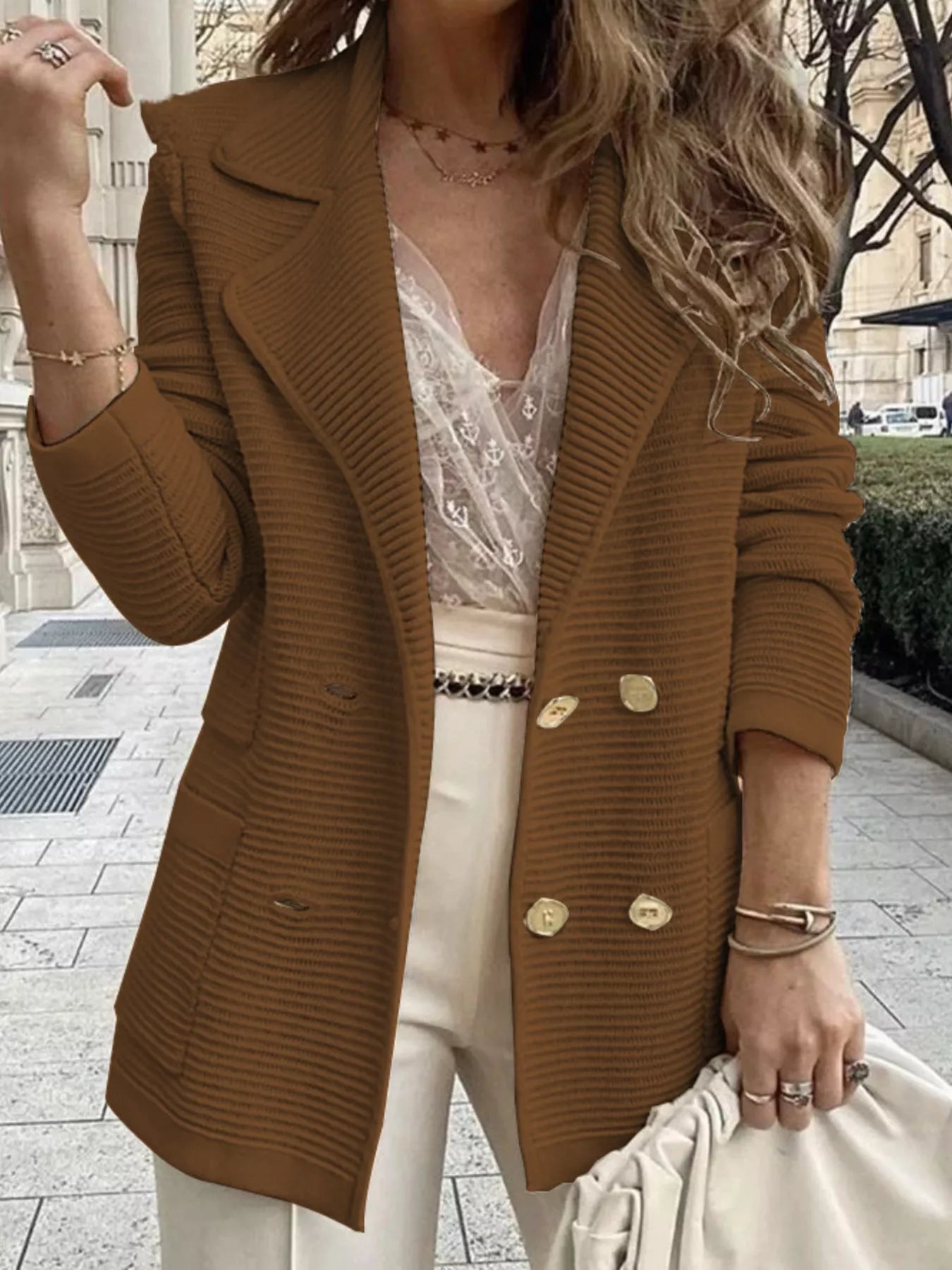 Texture Knit Double-Breasted Blazer