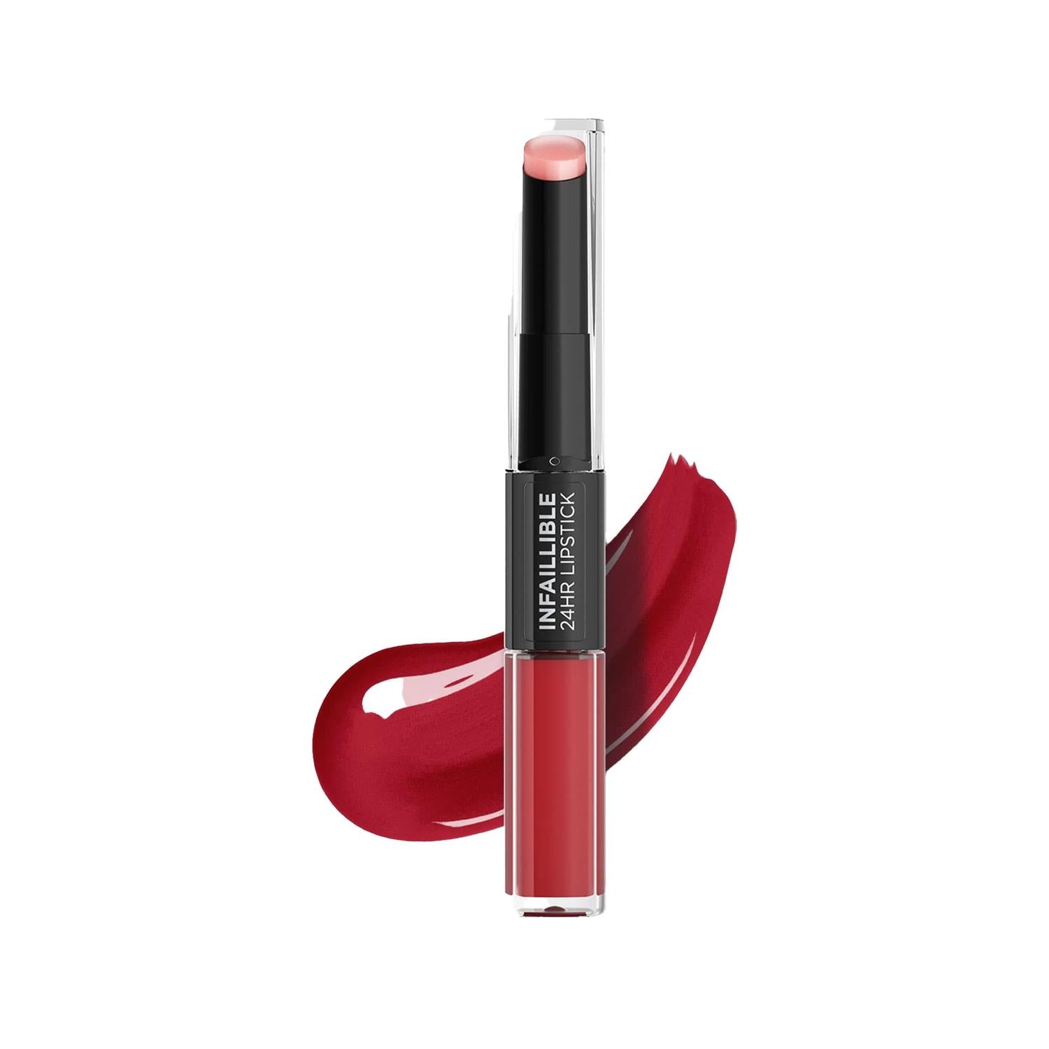 Loreal Paris Infaillible 2-Step Liquid Lipstick and Balm - Long Lasting Lip Color with Moisturizing Benefits, 501 Timeless Red