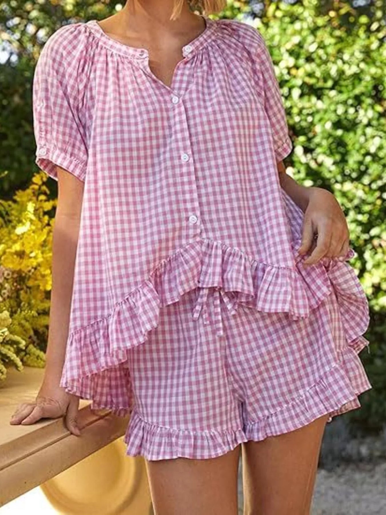 Gingham Ruffle Trim Top and Shorts Set