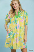 Umgee Botanical Print Dress with Smocked Cuffs
