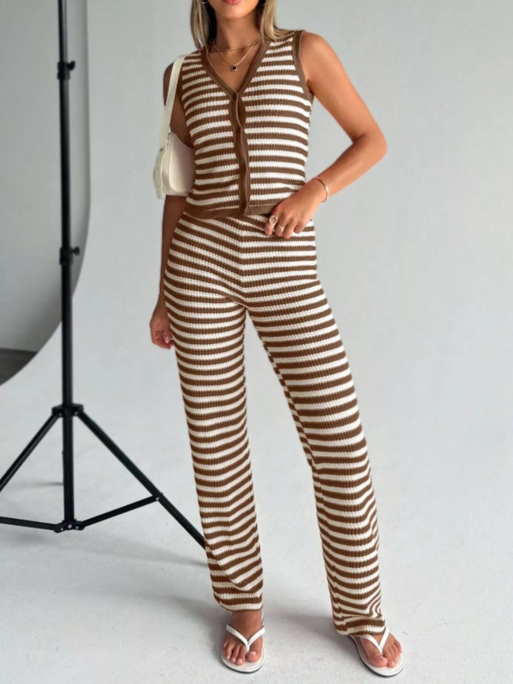 Striped Knit V-Neck Button-Up Sleeveless Top and Flare Pants Set