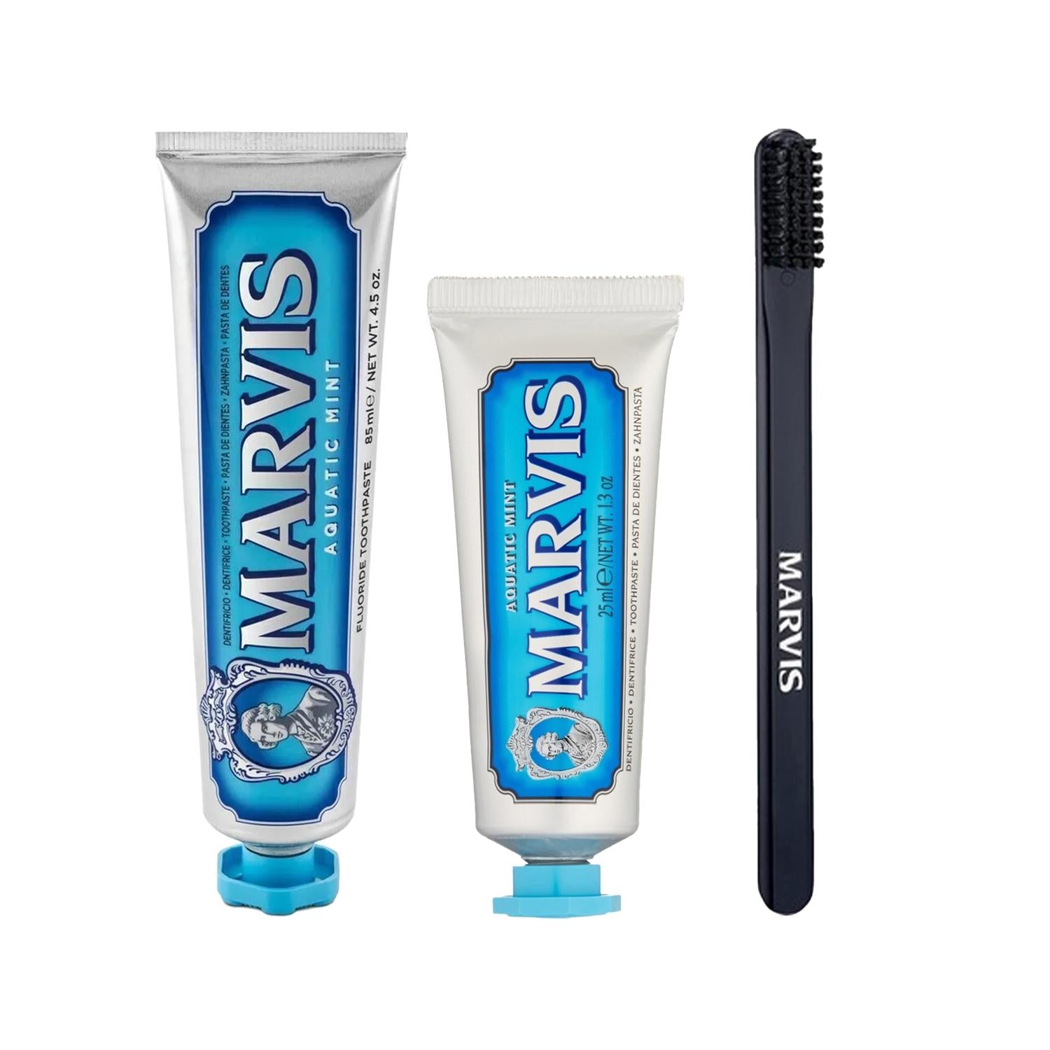 Marvis Premium Toothpaste and Toothbrush Set - Aquatic Mint Flavor, 85ml + 25ml - Ideal for Oral Hygiene and Travel