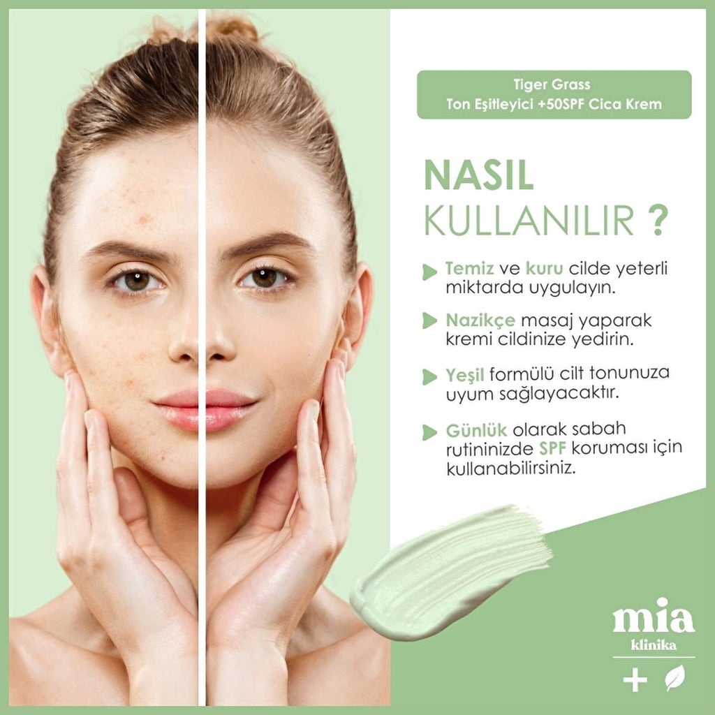 Mia Klinika Cica Cream SPF 50+ - Tiger Grass Tone Evening Cream for Sensitive Skin, Natural Coverage & Daily Sun Protection