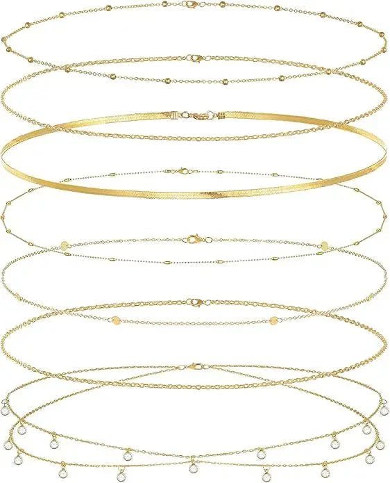 8Pcs Waist Chain 18K Gold Plated Belly Belt Chains Sexy Bikini Beaded Sequin CZ Coin Body Chain Jewelry Accessories Adjustable