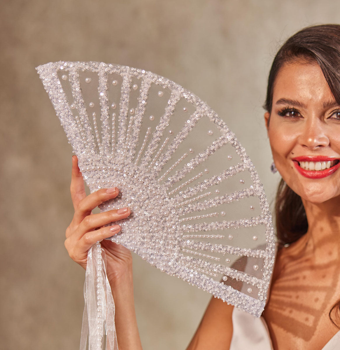 Elegant Pearl and Sequin Bridal Fan – Bridal Port, view 8