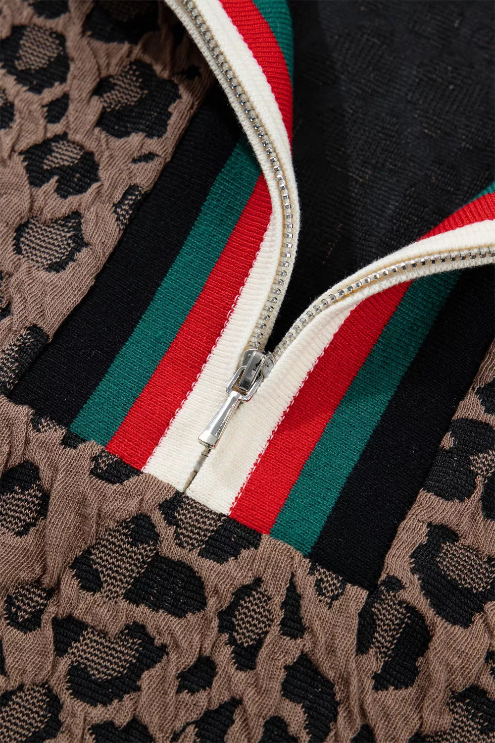 Leopard Jacquard Striped Patchwork Half Zip Short Sleeve Blouse