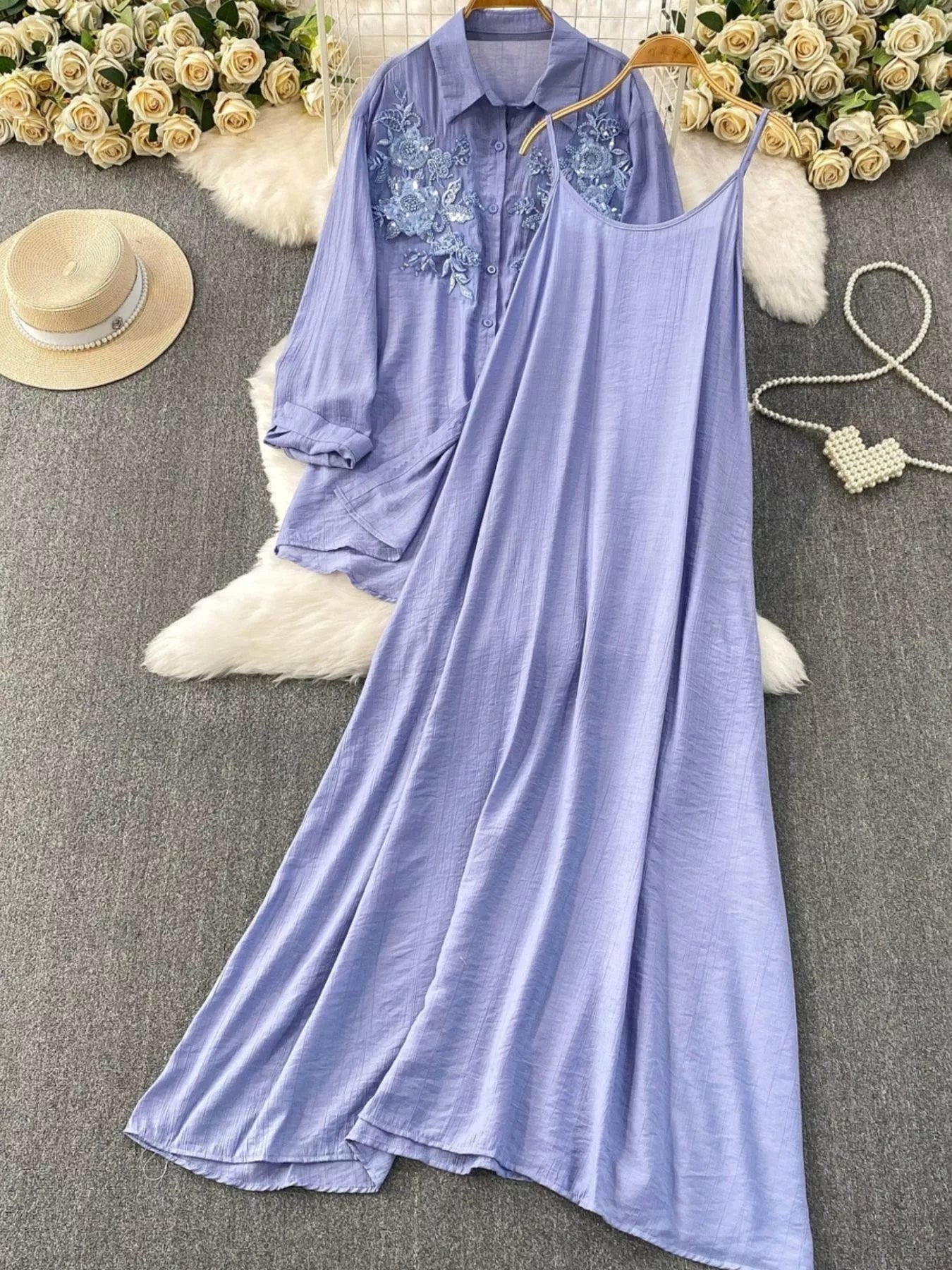 Sequin Flower Button Up Shirt and Cami Dress Set