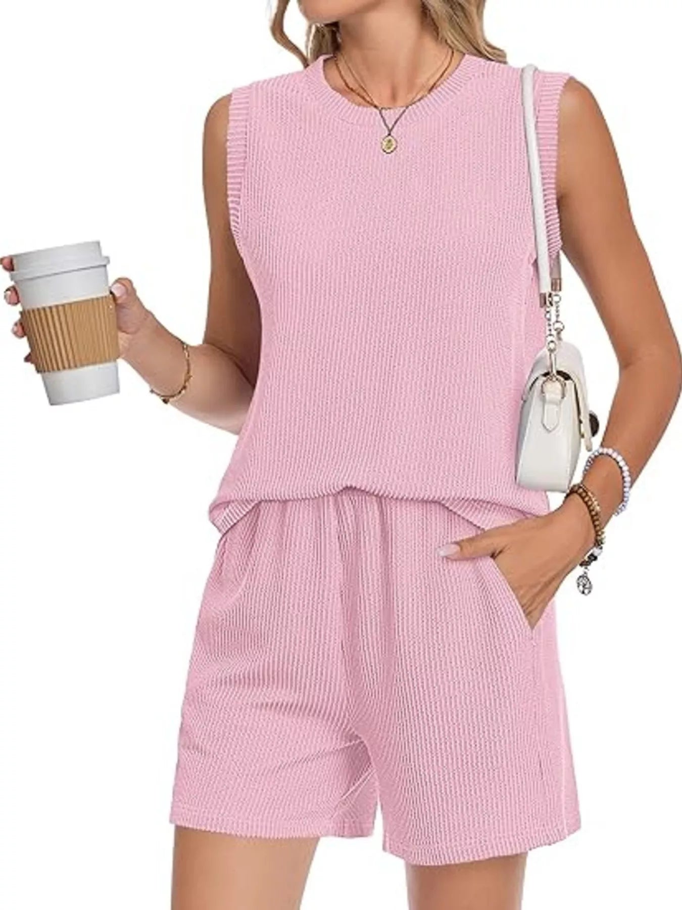 Casual Ribbed Knit Sleeveless Top and Shorts Set